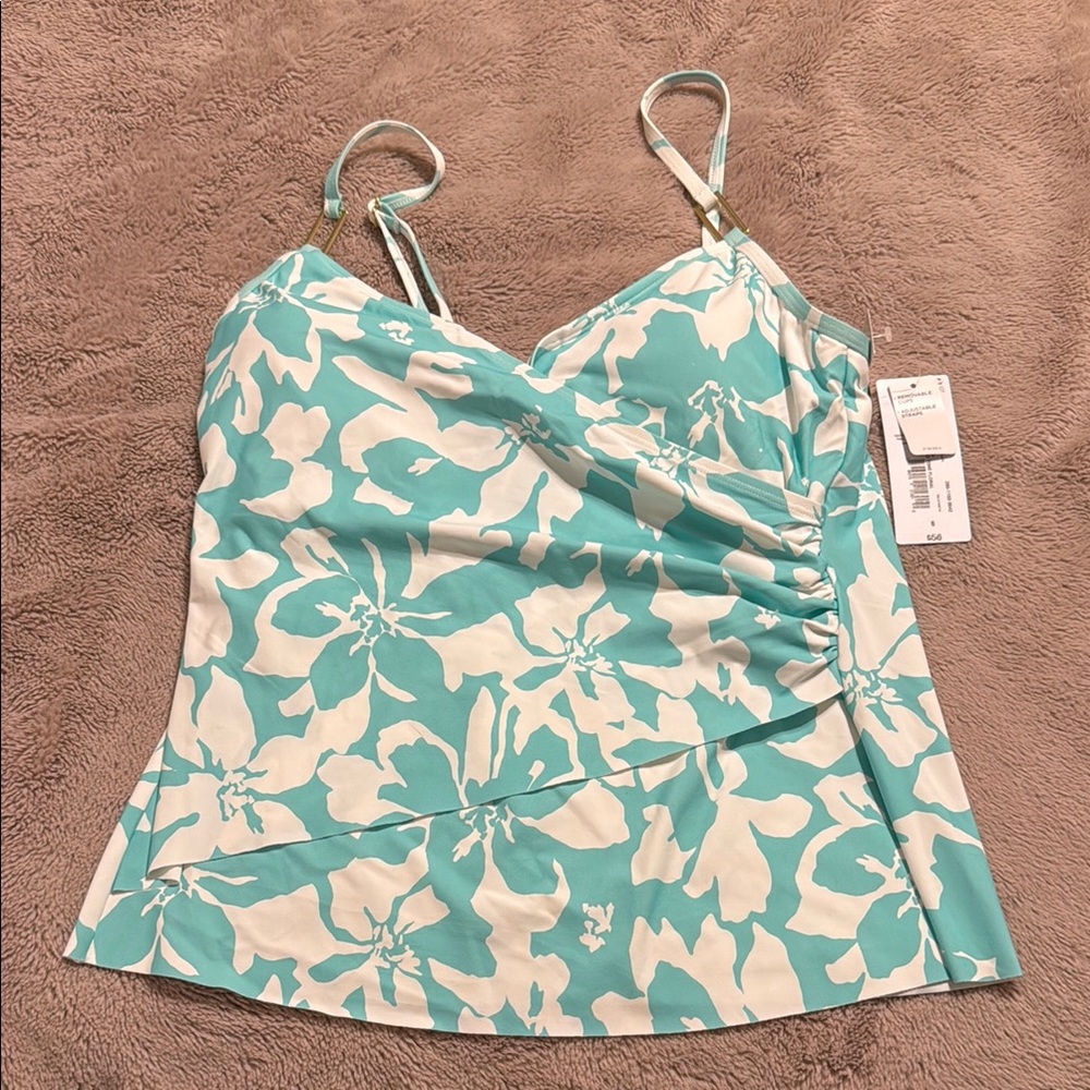 Liz Claiborne Blue and White Asymmetrical Ruched Swim Camisole